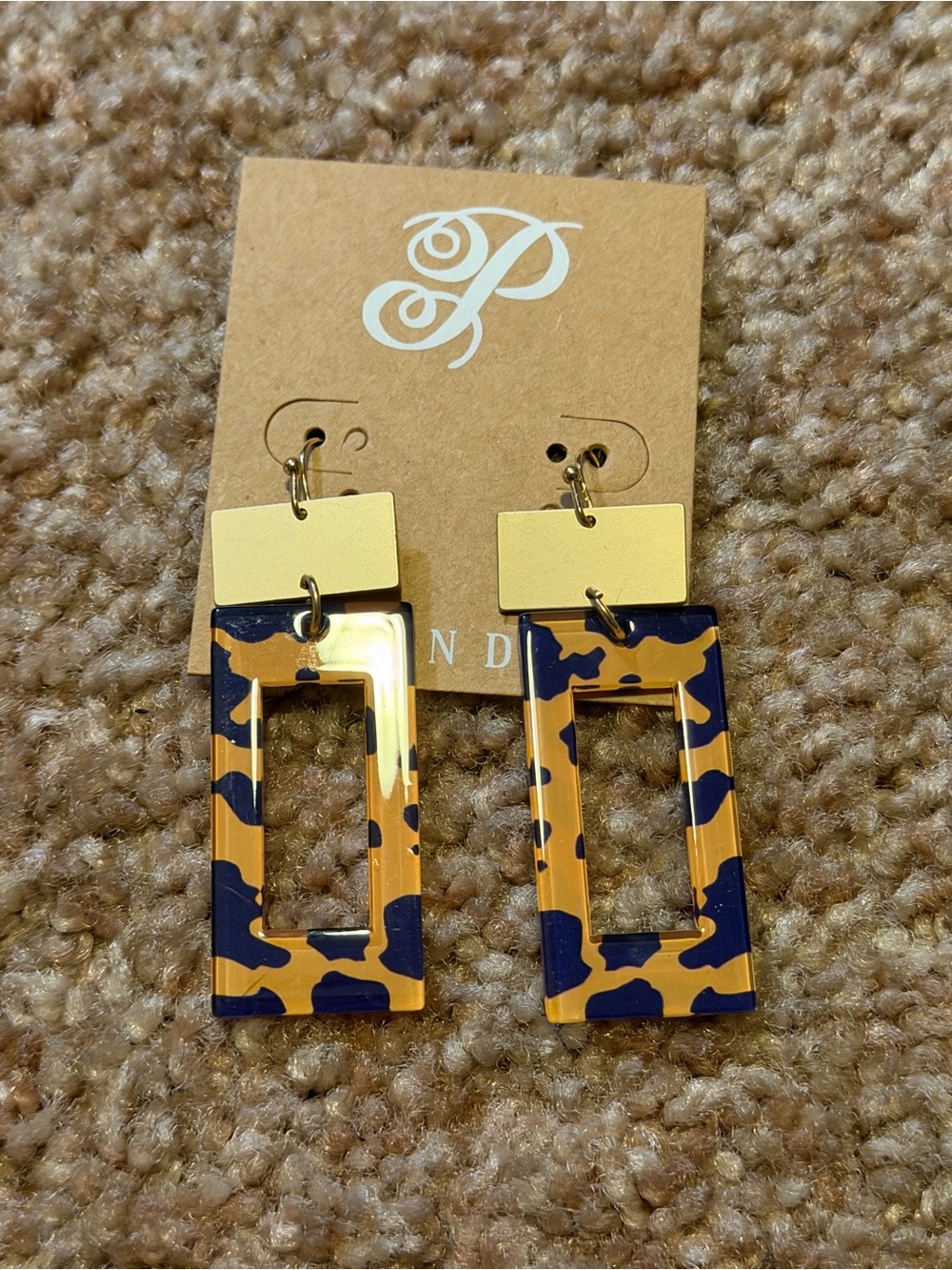 Plunders- beautiful Navy & Tan Leopard Print Rectangular Drop Earrings